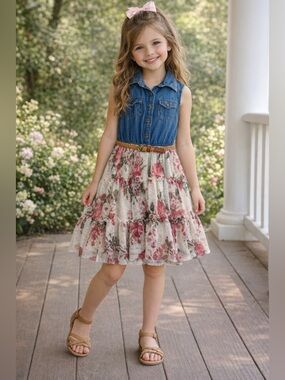 Zunie Girls Denim & Floral Lace‎ Tiered Dress with Belt | Size 7/8